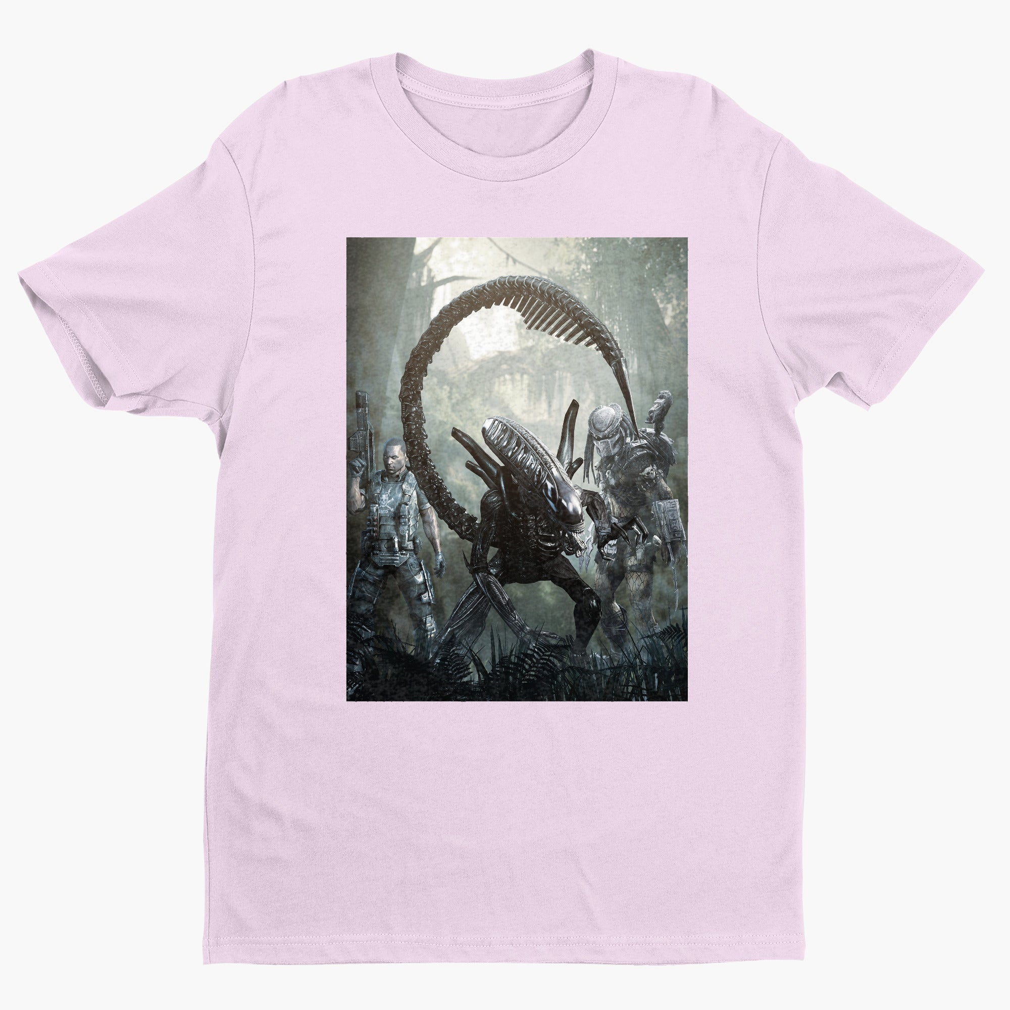 Aliens vs. Predator alien promo art tee — light pink unisex t-shirt, front view